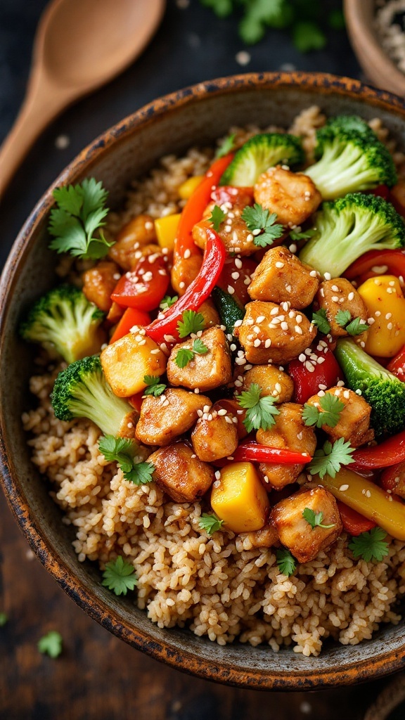 A bowl of teriyaki chicken stir-fry with brown rice and colorful vegetables