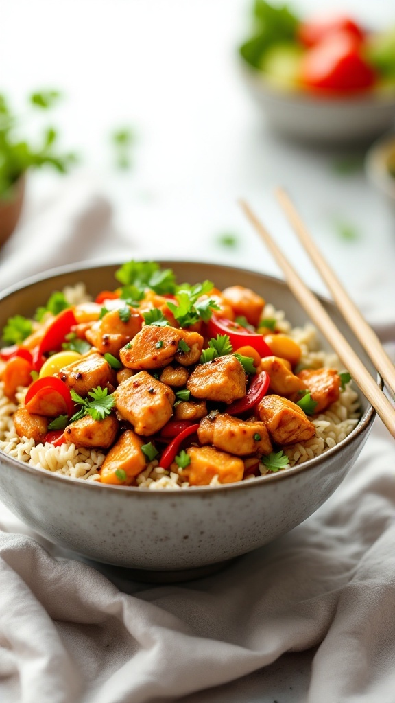 A delicious bowl of Teriyaki Chicken Stir Fry served over rice with colorful vegetables.