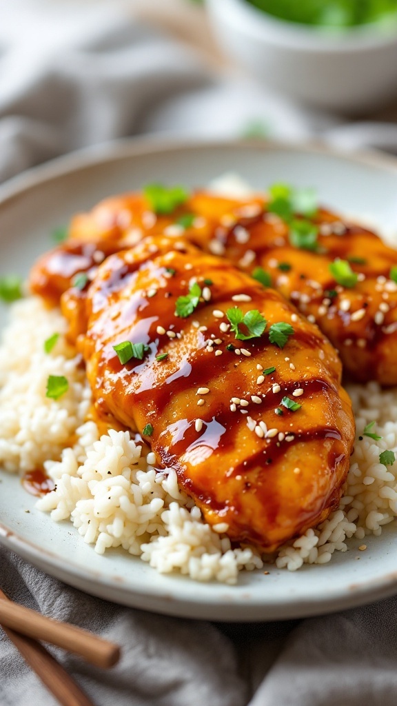 A delicious plate of Teriyaki Chicken Tenderloins served over rice, garnished with sesame seeds and green onions.