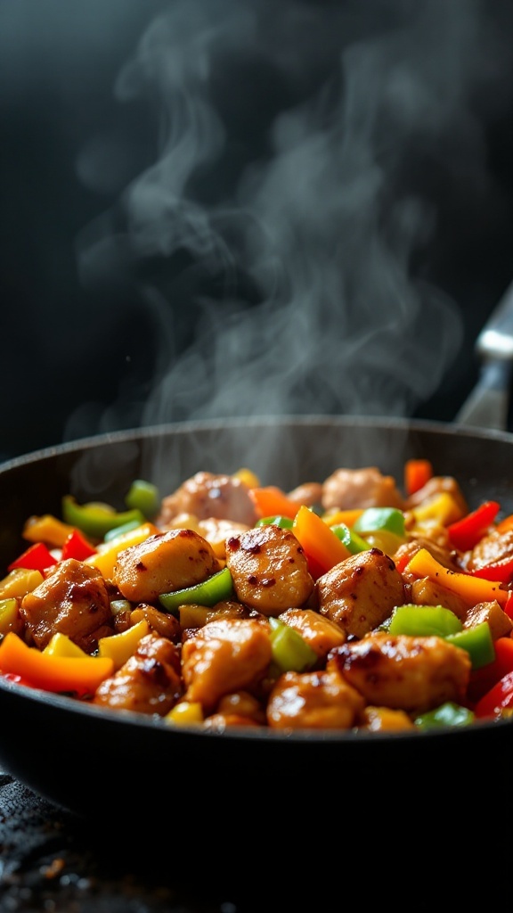 A colorful stir-fry of teriyaki chicken and bell peppers in a skillet.