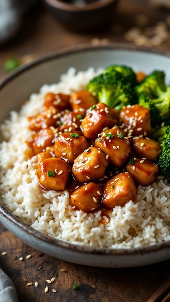 A delicious bowl of teriyaki chicken served with broccoli and rice.