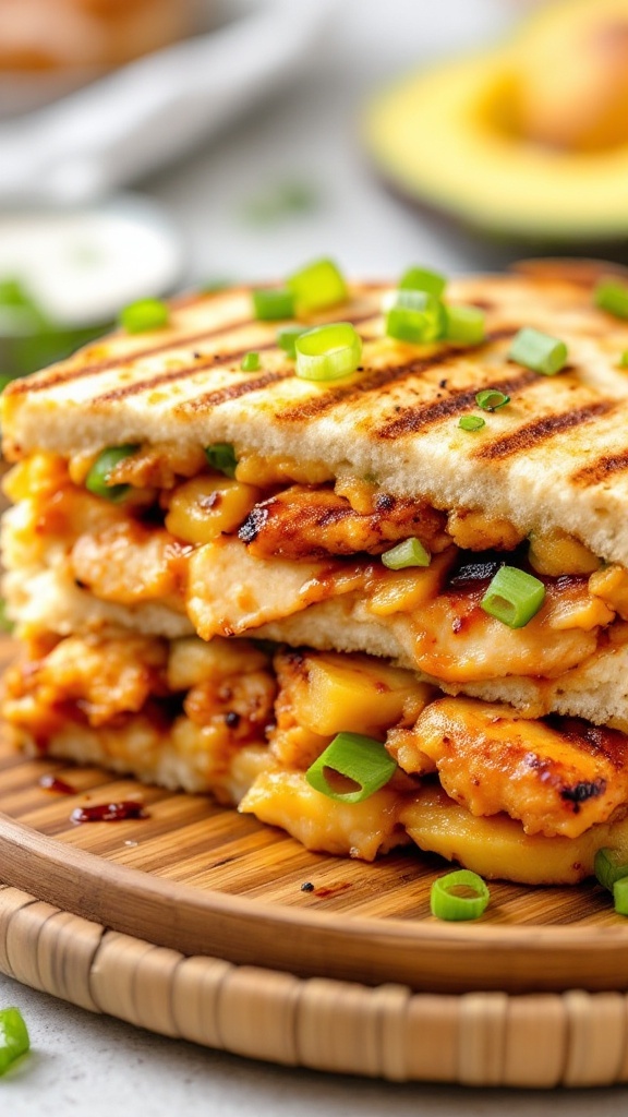 A delicious panini filled with teriyaki chicken and pineapple, garnished with green onions.