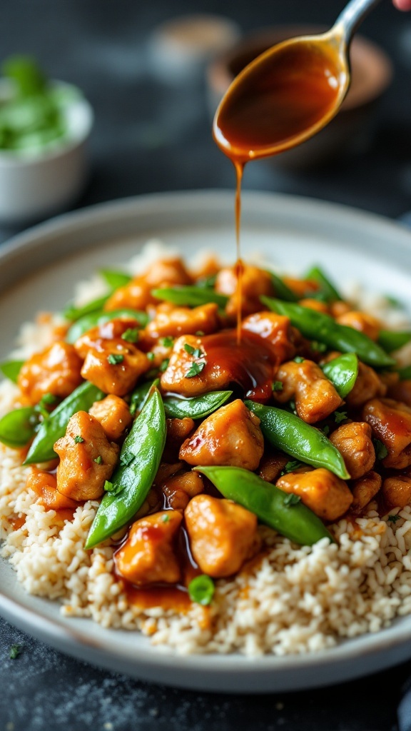 A delicious plate of teriyaki chicken with snap peas over rice