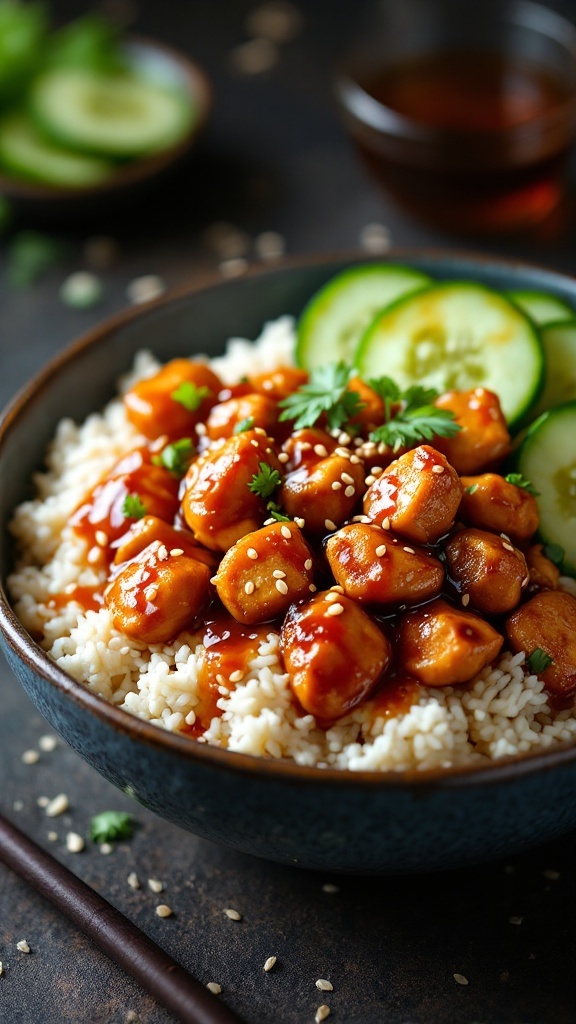 A bowl of teriyaki chicken served over steamed rice, garnished with sesame seeds and green onions.