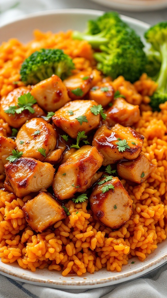 A plate of teriyaki chicken served on sweet potato rice with broccoli.