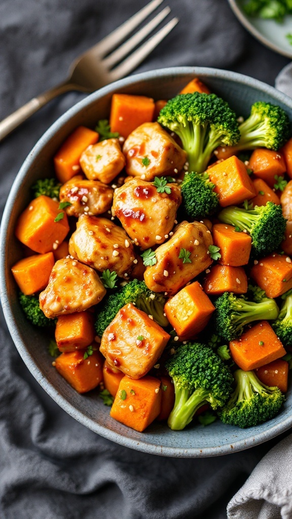 A vibrant dish of teriyaki chicken with sweet potatoes and broccoli cooked in one skillet