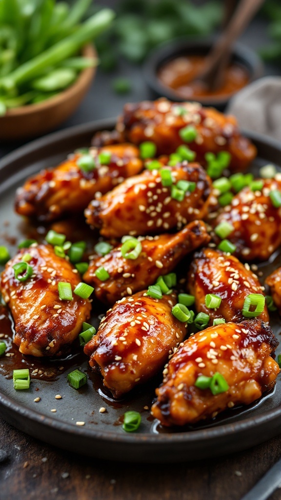 Plate of teriyaki glazed baked chicken wings garnished with green onions and sesame seeds.