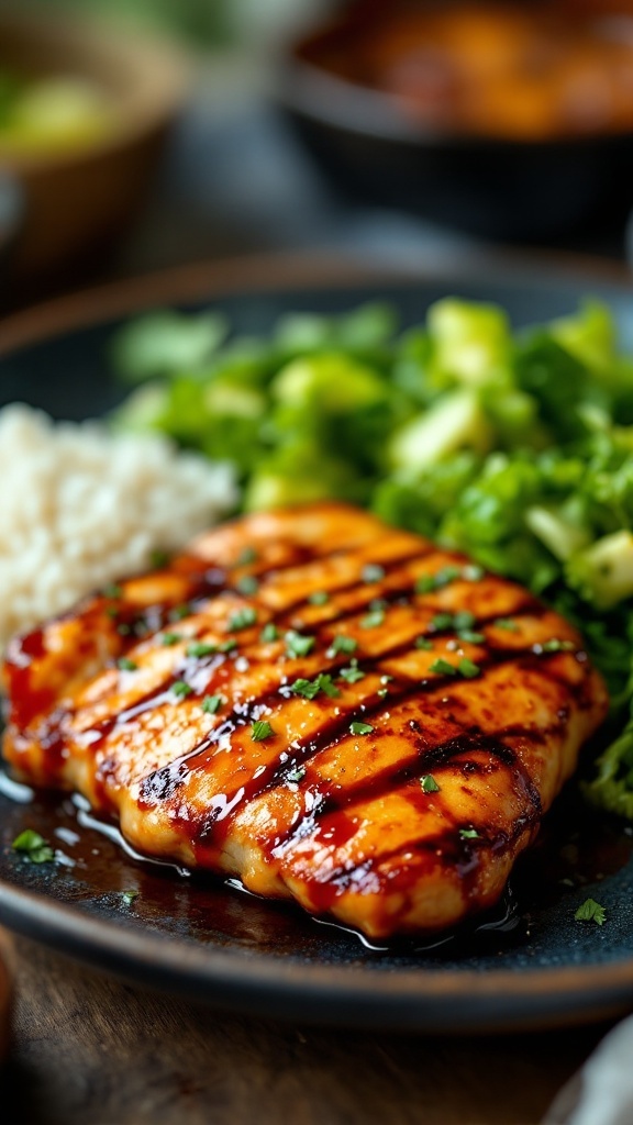 Teriyaki grilled chicken breast with rice and vegetables