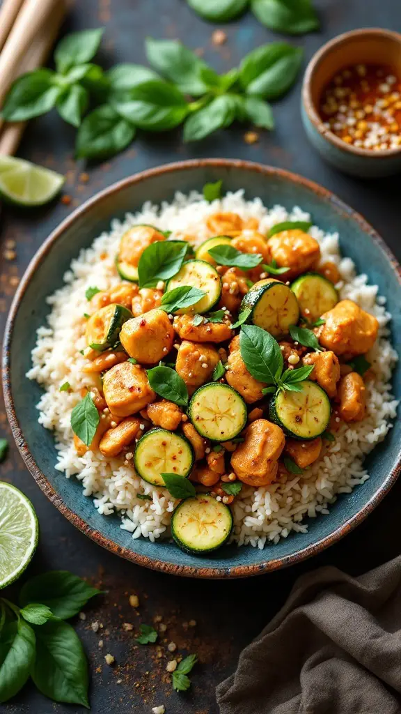 A colorful dish of Thai Basil Chicken with Zucchini served over rice