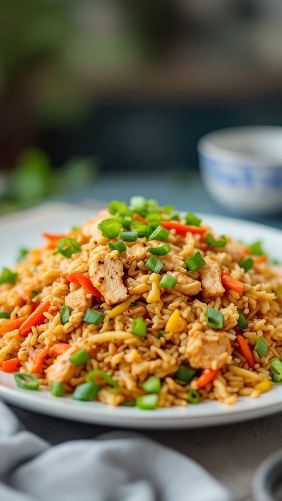 A plate of vibrant Thai chicken fried rice with colorful vegetables and green onions on top.