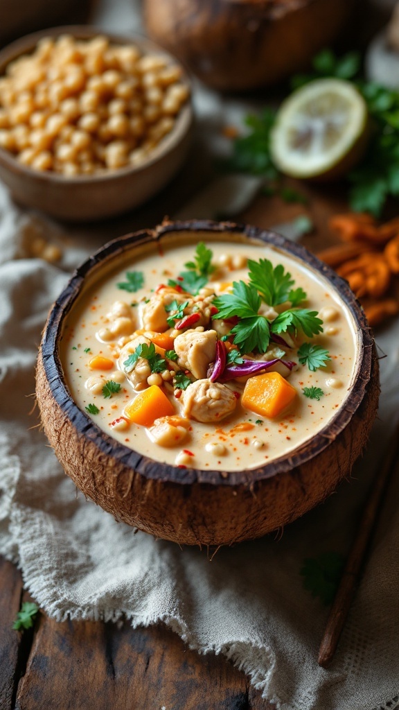 A bowl of Thai Coconut Chicken and Barley Soup garnished with cilantro and served in a coconut shell.