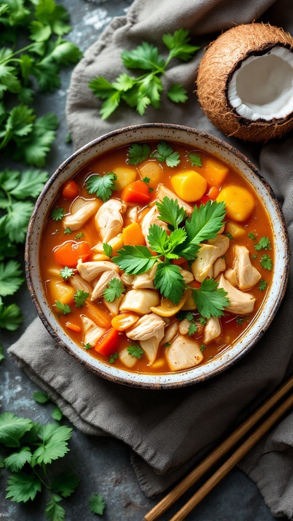 A bowl of Thai Coconut Chicken and Vegetable Soup with fresh cilantro on top.