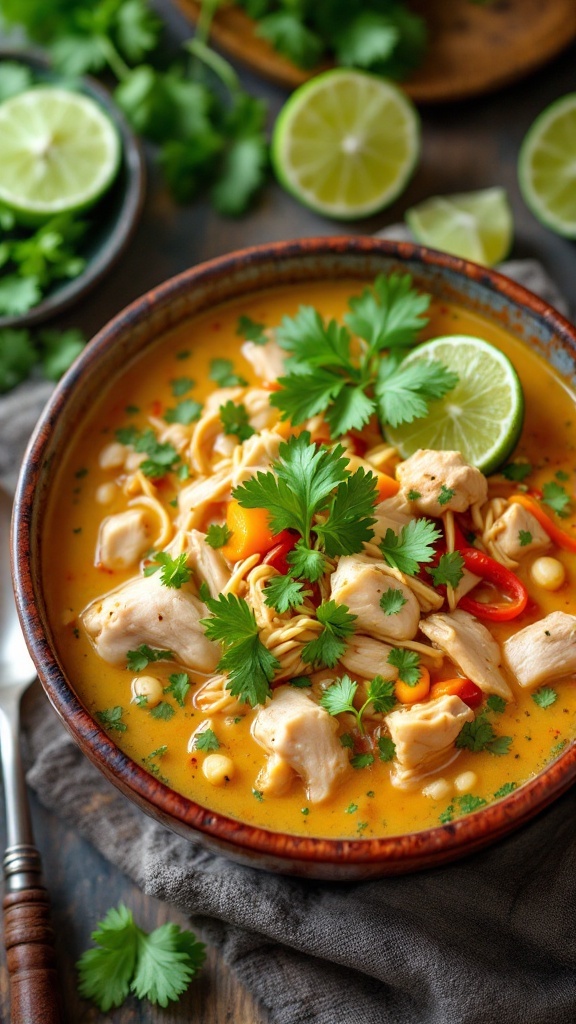 Bowl of Thai Coconut Chicken Soup garnished with cilantro and lime.