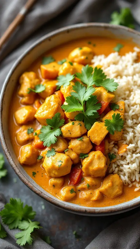 Bowl of Thai Coconut Curry Chicken with rice and fresh cilantro