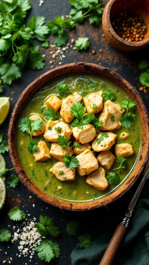 A bowl of Thai green curry with chicken topped with fresh herbs.