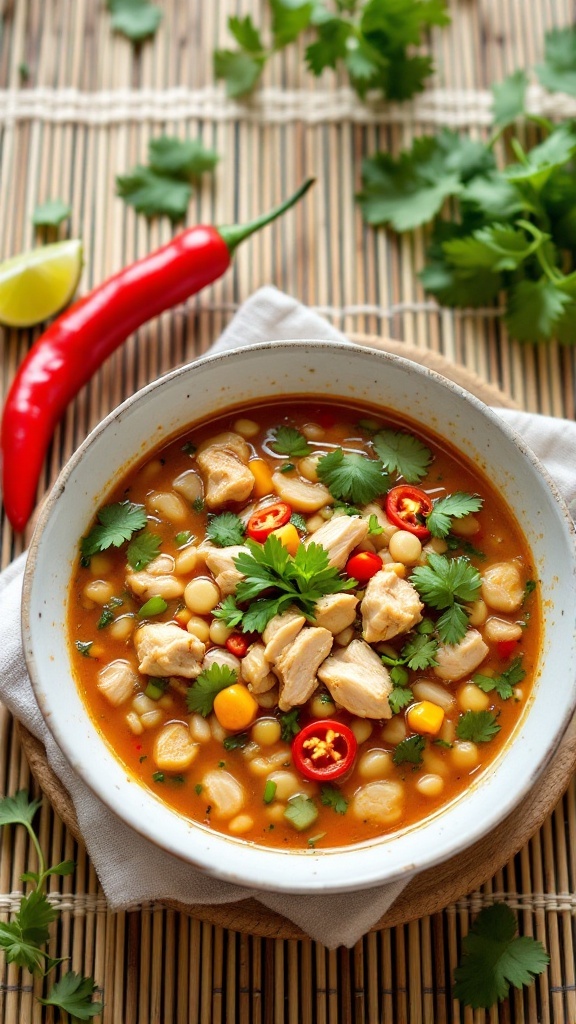 A bowl of Thai-inspired chicken and barley soup garnished with cilantro and chili.