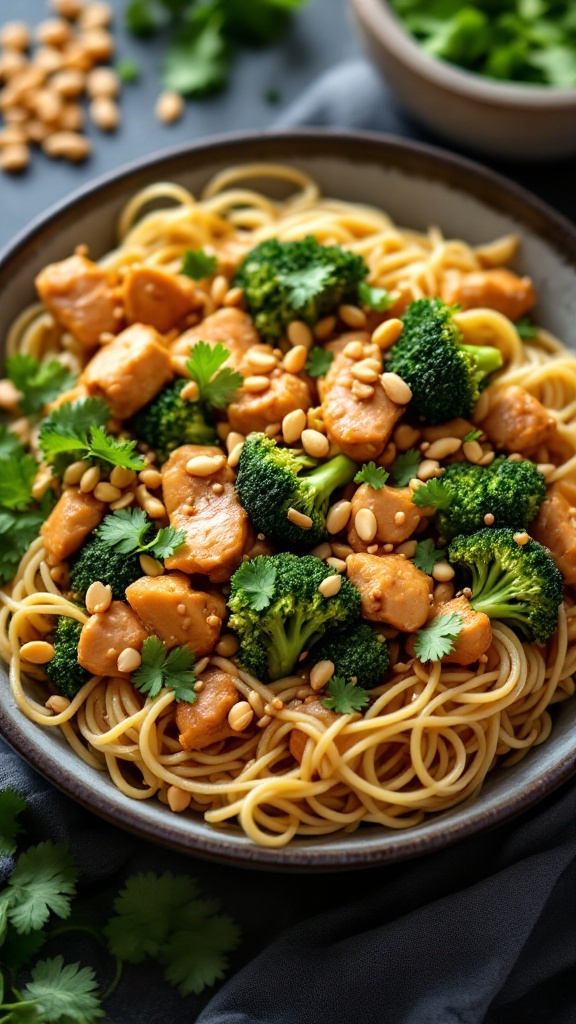 A bowl of Thai peanut chicken and broccoli, garnished with cilantro and served over noodles.