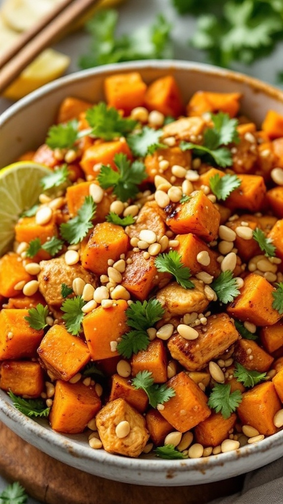 A colorful bowl of Thai Peanut Chicken and Sweet Potato Stir-Fry with fresh cilantro and chopped peanuts on top.