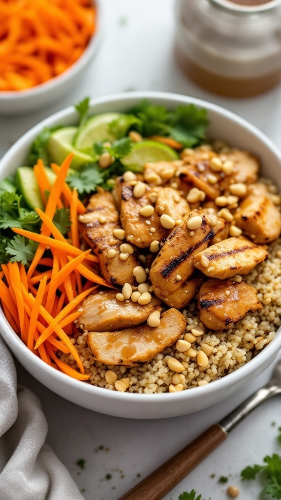 A vibrant bowl filled with quinoa, grilled chicken, carrots, peanuts, and lime, topped with peanut sauce.