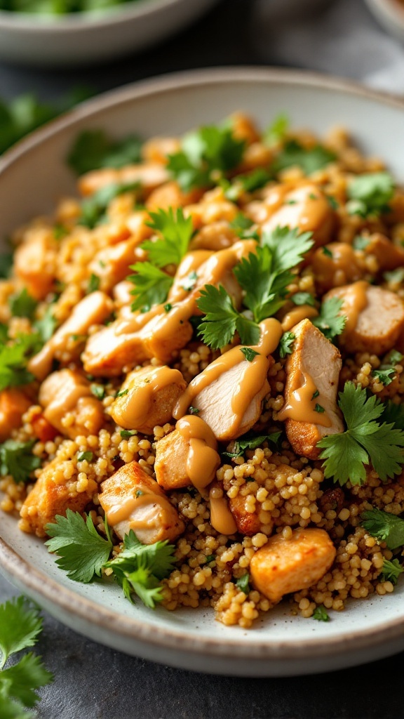 A colorful Thai peanut chicken quinoa salad with chicken, quinoa, peanuts, and fresh herbs.