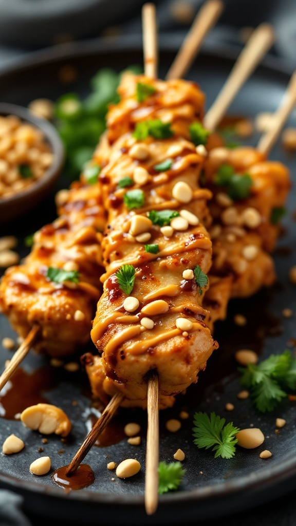 Grilled chicken skewers with a peanut sauce topping, garnished with peanuts and cilantro.