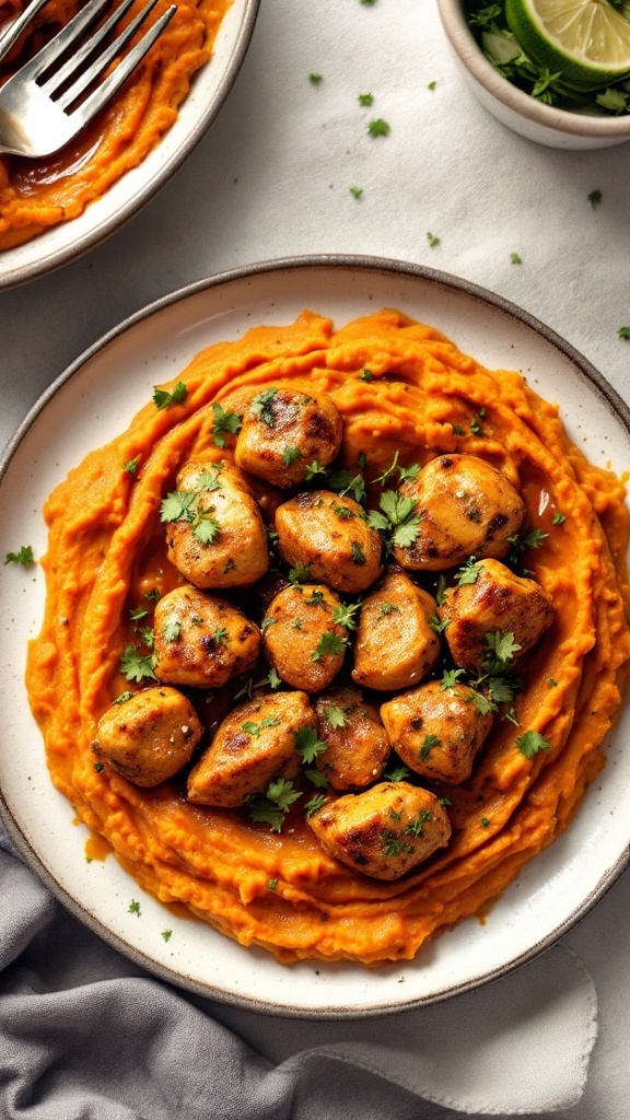 Tikka masala chicken served on a bed of sweet potato mash, garnished with cilantro.