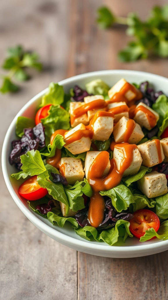 A fresh salad with tofu cubes, lettuce, and peanut sauce drizzled on top.