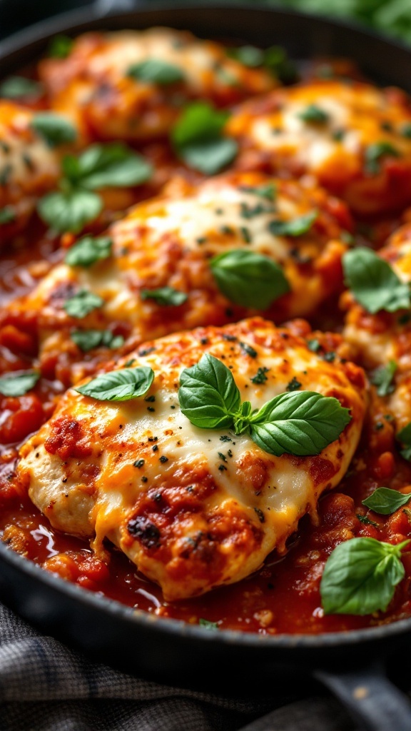 Baked chicken topped with tomato sauce and melted cheese