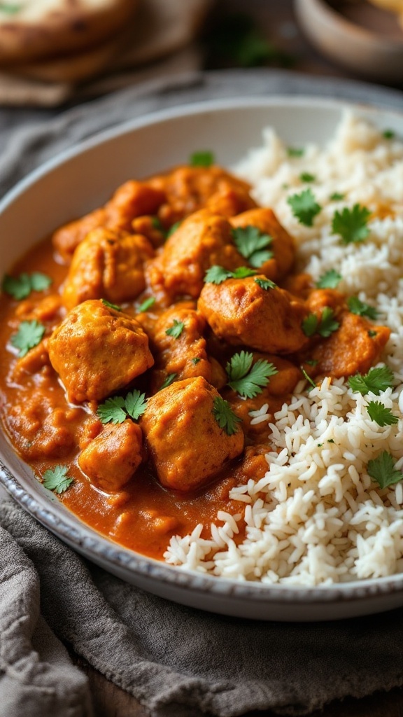 A plate of traditional chicken tikka masala served with rice.