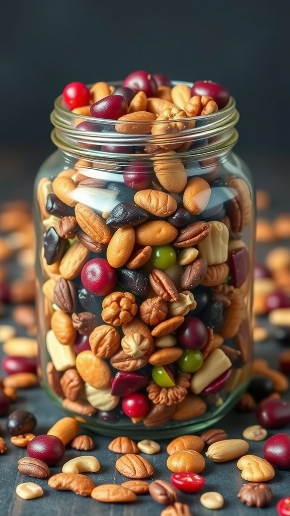 A jar filled with a colorful assortment of nuts and dried fruits, surrounded by scattered pieces on a dark surface.