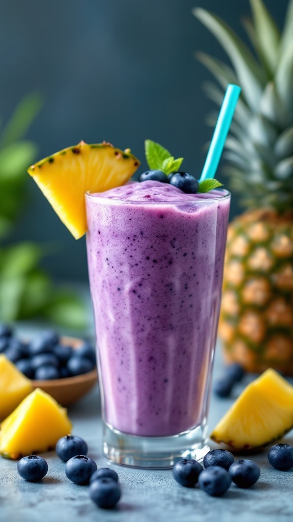 A vibrant Tropical Blueberry Pineapple Smoothie topped with fresh blueberries and a slice of pineapple.