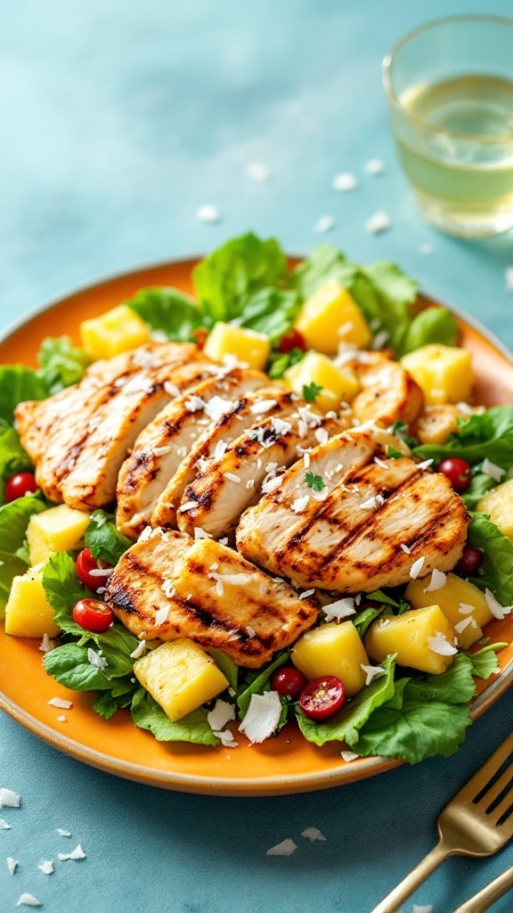 A colorful Tropical Chicken Salad with pineapple, chicken slices, and fresh greens.