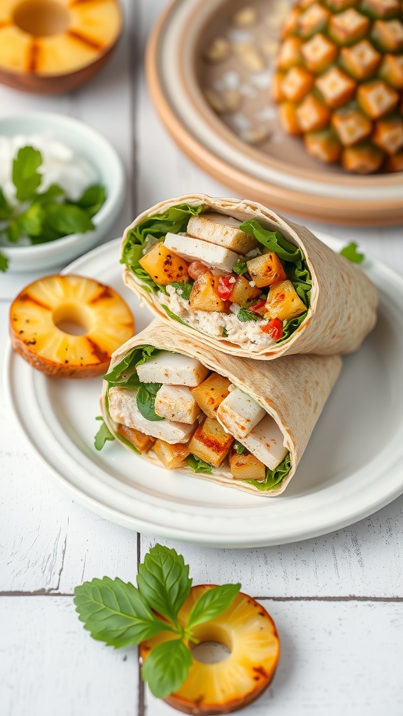 A delicious Tropical Tuna Melt wrap with pineapple, lettuce, and colorful veggies.