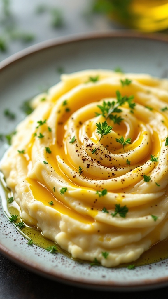 Plate of creamy truffle oil mashed potatoes garnished with parsley