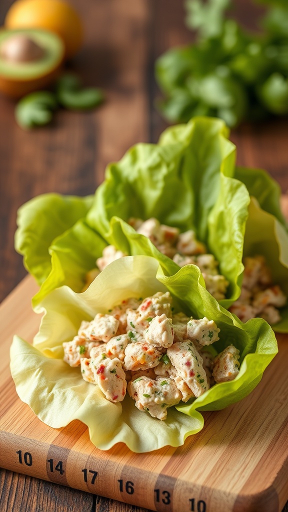 Tuna salad served in lettuce wraps on a wooden board.