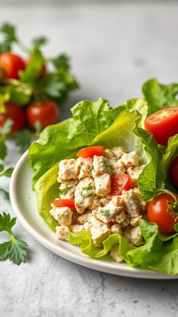 A plate of tuna salad lettuce wraps with cherry tomatoes on the side.