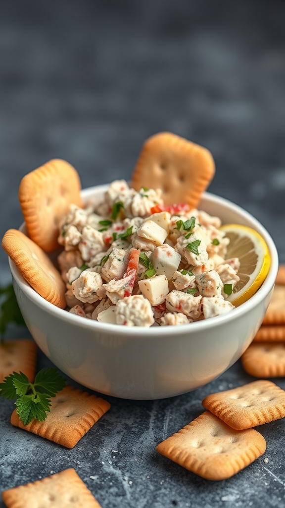 A bowl of tuna salad with crackers and lemon slices.