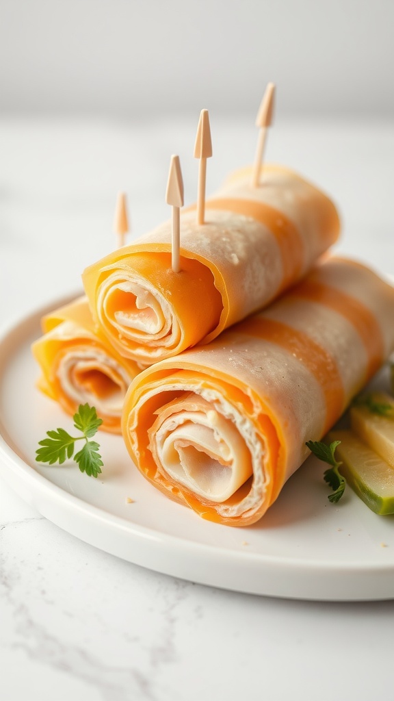 A plate of turkey and cheese roll-ups garnished with herbs.