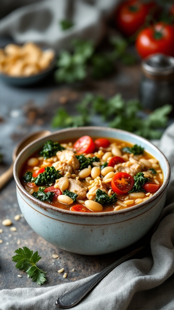 A bowl of Tuscan chicken and rice soup with fresh ingredients.