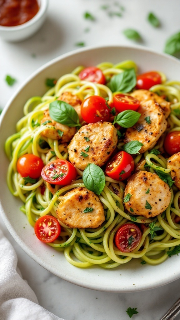 A delicious plate of Tuscan Chicken Zucchini Noodles topped with cherry tomatoes and basil.