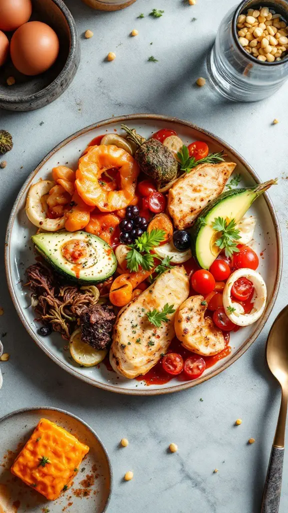 A plate of Marry Me Chicken Pesto Pasta with vibrant vegetables and garnished with herbs.