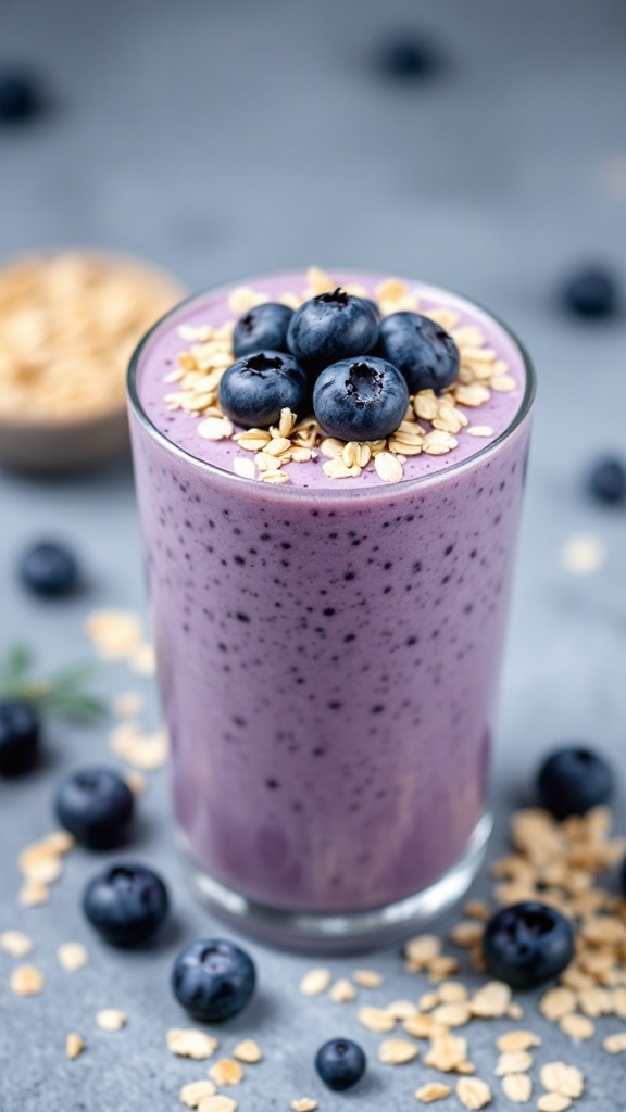 Vanilla Blueberry Oatmeal Smoothie served in a glass, topped with fresh blueberries and oats.