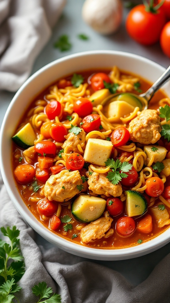 A bowl of Vegetable-Loaded Chicken Ala King with colorful vegetables and chicken