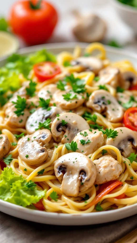 A bowl of vegetable-loaded chicken alfredo pasta with mushrooms, broccoli, and bell peppers, garnished with parsley.