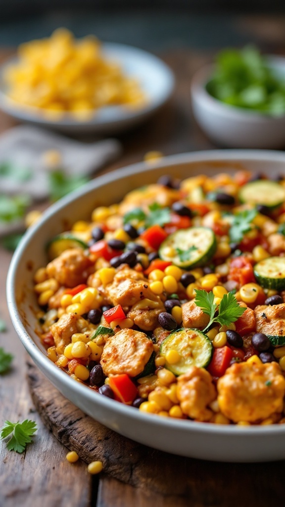 A colorful chicken fajita casserole with vegetables and cheese.