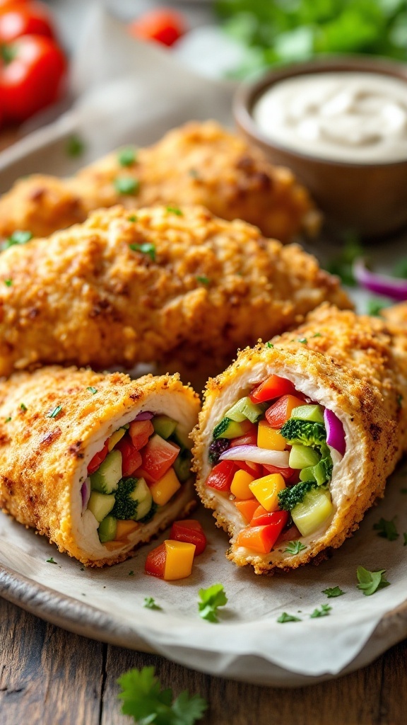 Crispy vegetable-stuffed chicken tenders filled with colorful veggies