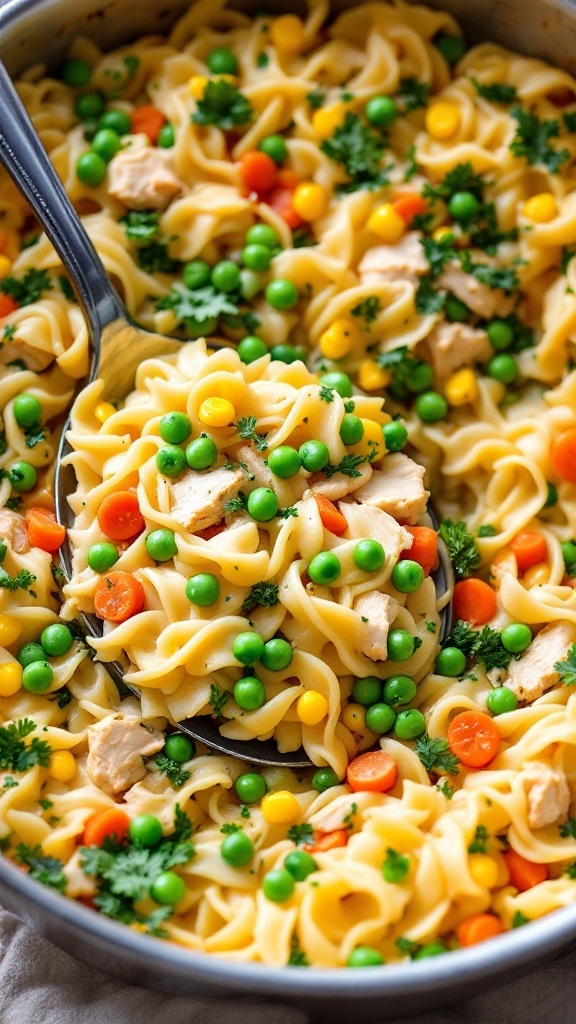 A delicious vegetable and chicken noodle casserole with colorful ingredients.