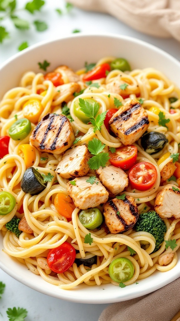 A bowl of Vegetable Chicken Alfredo pasta featuring grilled chicken, colorful vegetables, and creamy sauce.