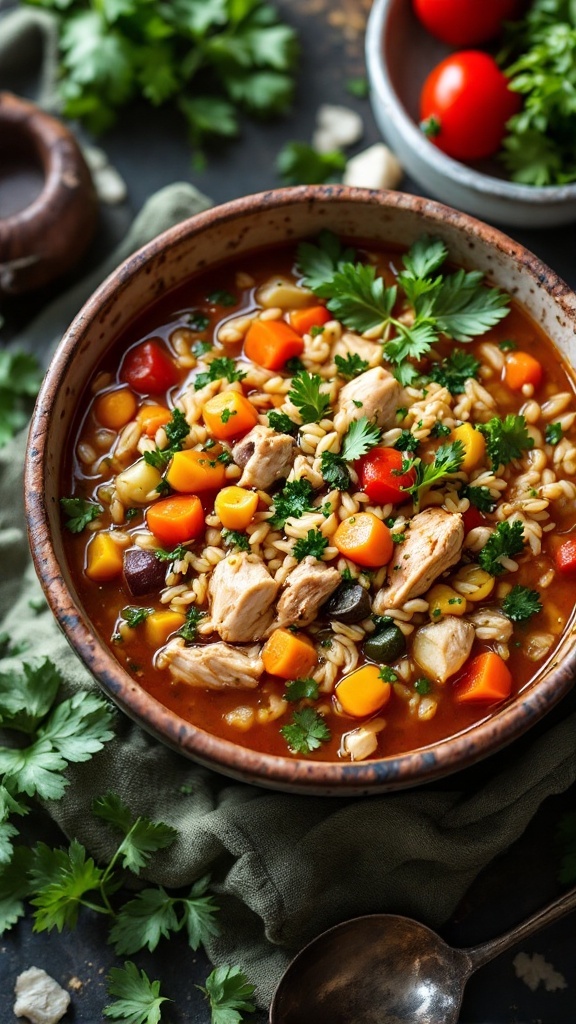 A comforting bowl of vegetable chicken and rice soup, filled with colorful vegetables and tender chicken.