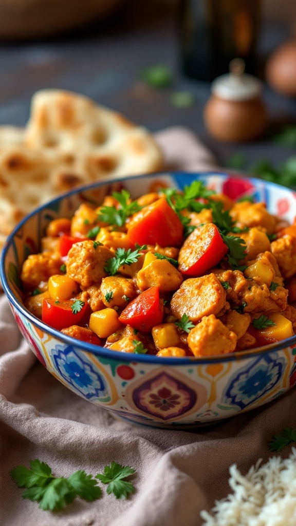 Bowl of vegetable chicken tikka masala with colorful peppers and chickpeas